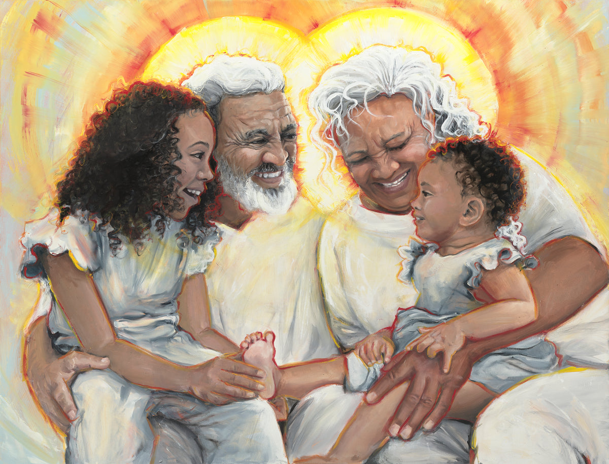 Heavenly Father and Heavenly Mother seated together, holding their children close, in Leslie Morley’s oil painting The Throne of God.
